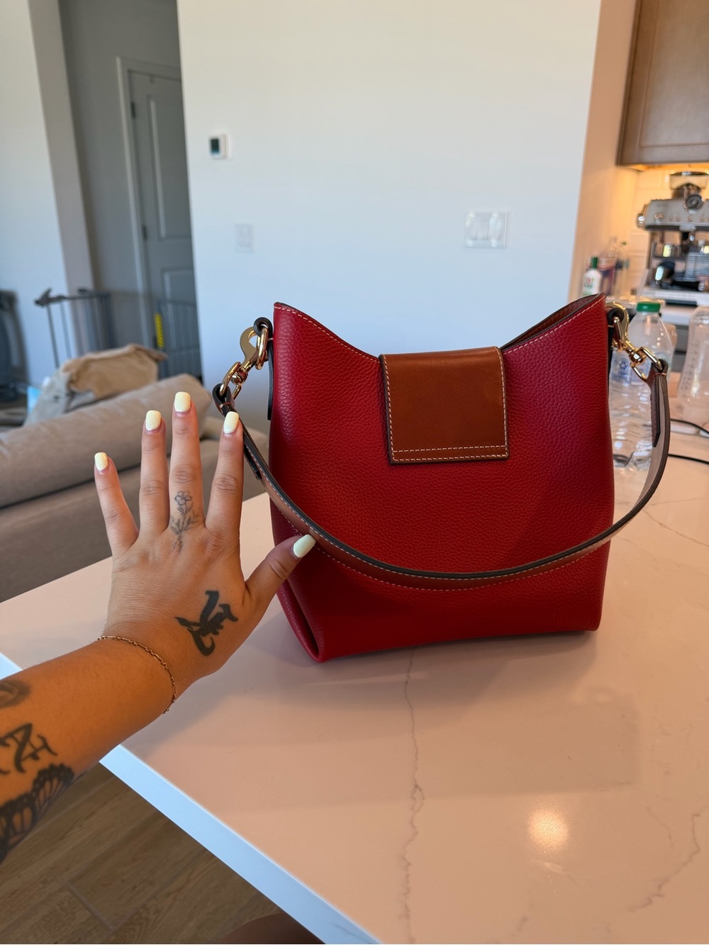 Dooney & Bourke Red Pebble Leather Shoulder Bag with Brown Trim - Picture 7 of 10